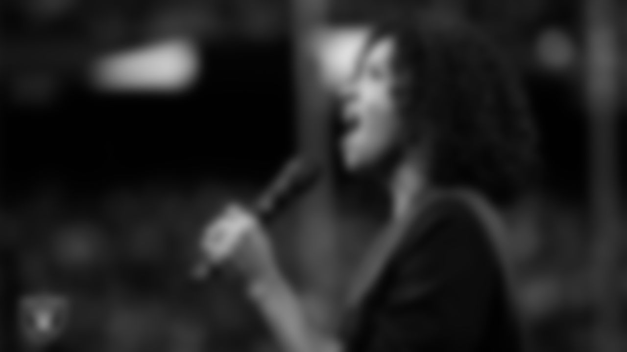 Actress and singer Renee Elise Goldsberry performs the national anthem before the Las Vegas Raiders' regular season home game against the Jacksonville Jaguars at Allegiant Stadium.