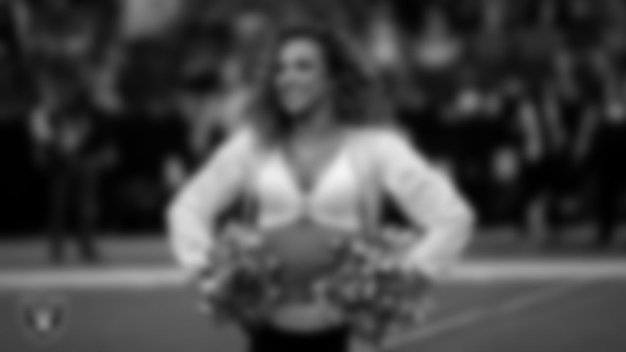 Raiderette Lexie during player introductions before the regular season home game against the Cleveland Browns at Allegiant Stadium.