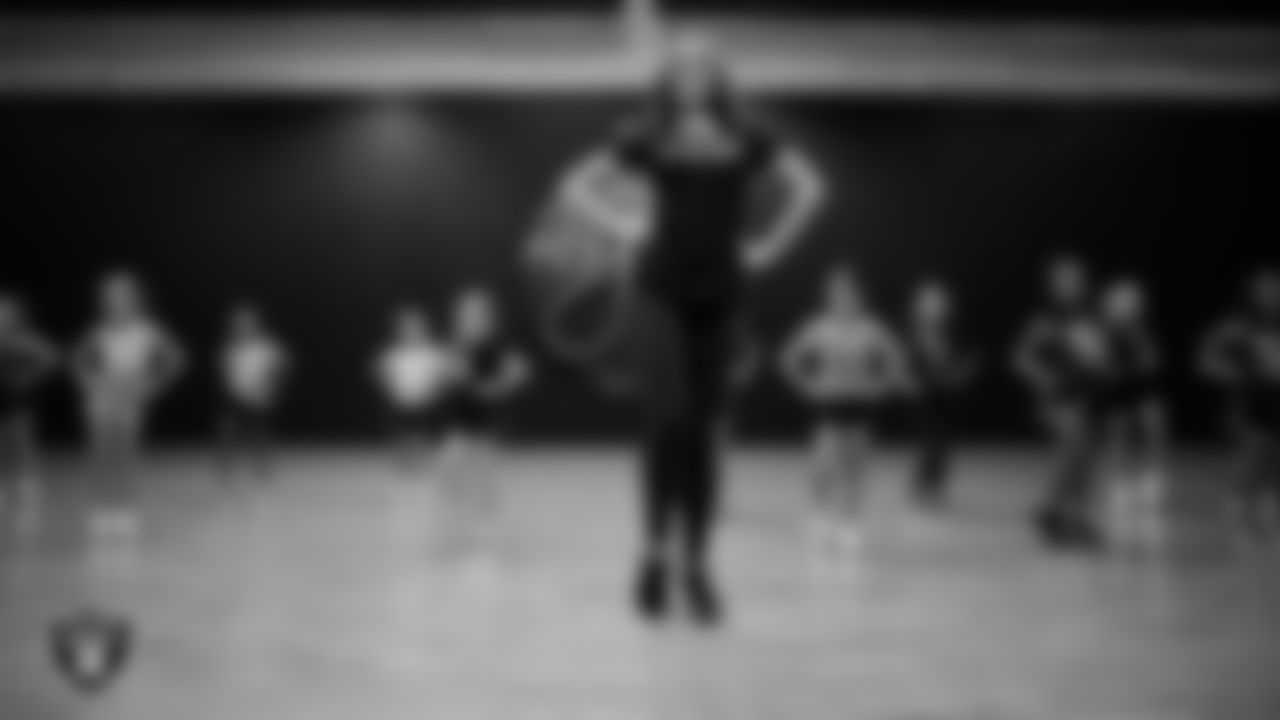 Raiderette Shelby with dancers during day one of summer camp at The Studio.