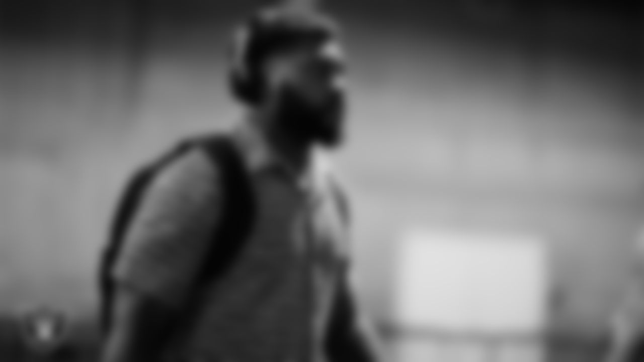 Las Vegas Raiders linebacker Michael Barrett (43) arrives to the preseason away game against the Seattle Seahawks at Lumen Field.