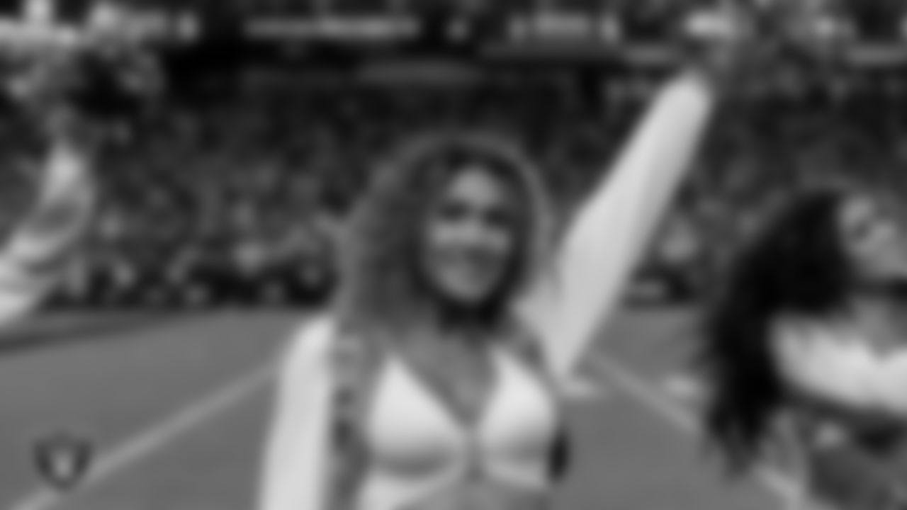 Raiderette Jenna on the sidelines during the regular season home game against the Dallas Cowboys at Allegiant Stadium.