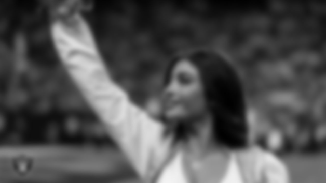 Raiderette Maddie on the sidelines during the regular season home game against the Denver Broncos at Allegiant Stadium.