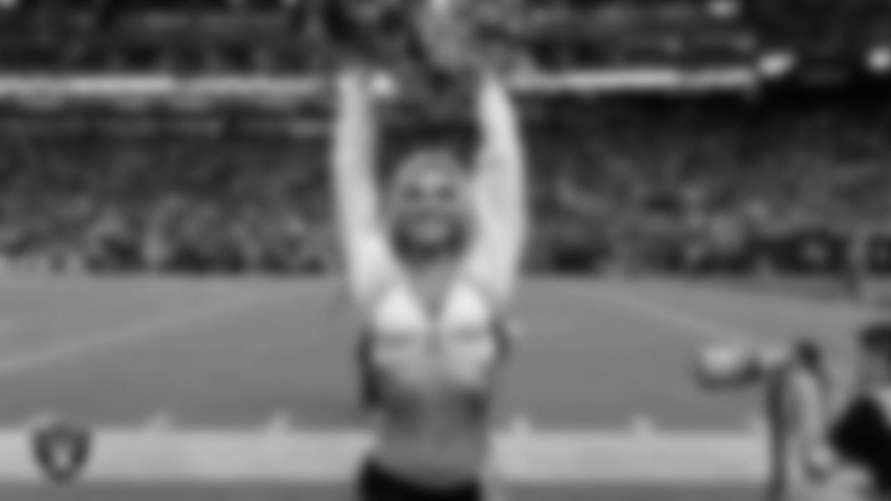 Raiderette Ali on the sidelines during the regular season home game against the Los Angeles Chargers at Allegiant Stadium.