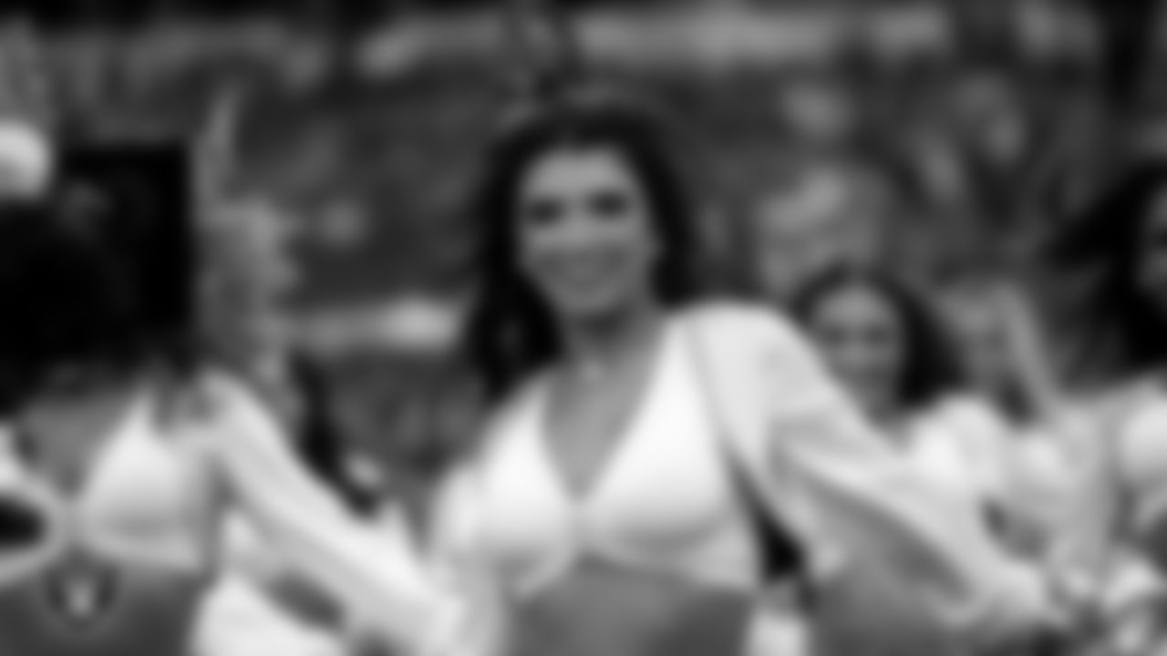 Raiderette Kylee performs on the field before the regular season home game against the Cleveland Browns at Allegiant Stadium.