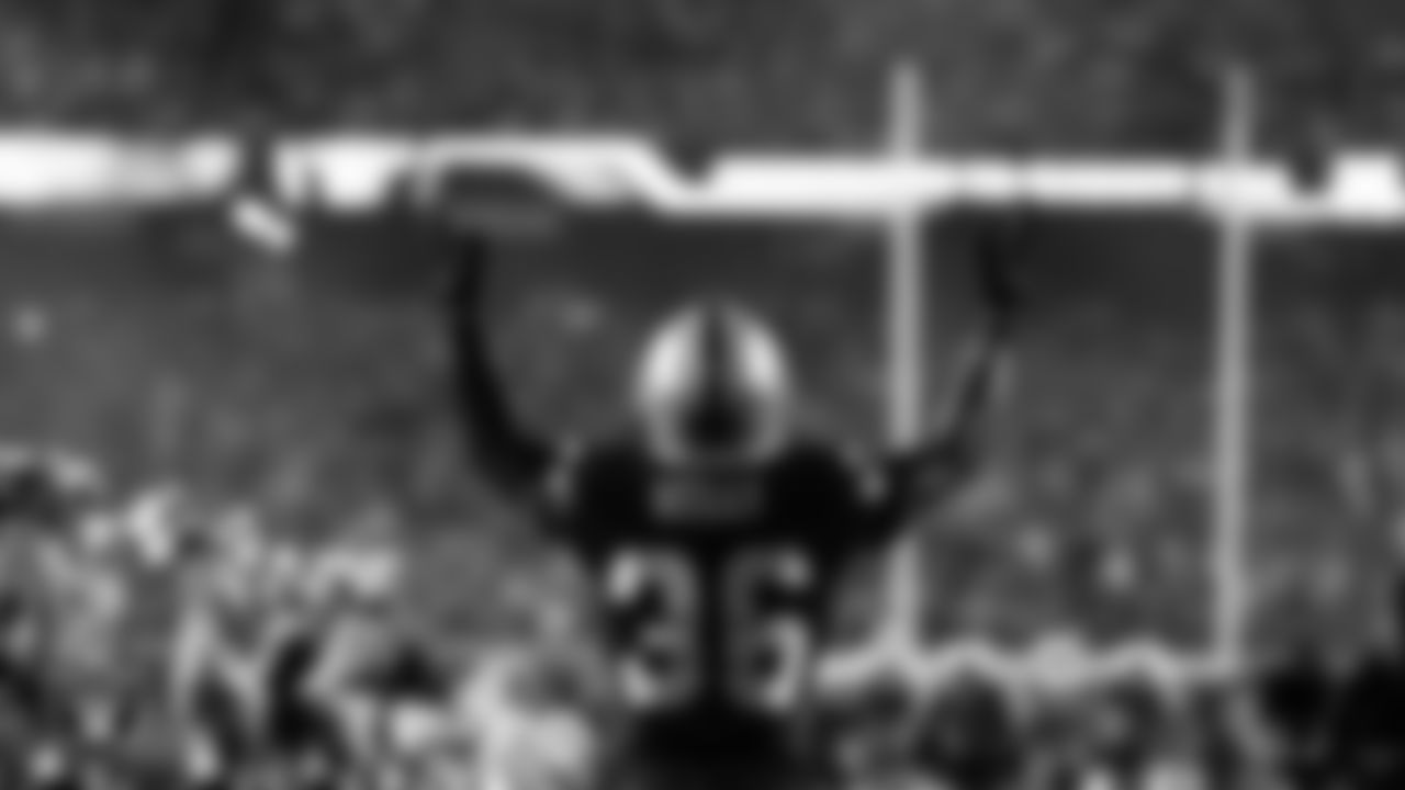 Las Vegas Raiders cornerback Kyu Blu Kelly (36) is introduced onto the field before the regular season home game against the Dallas Cowboys at Allegiant Stadium.