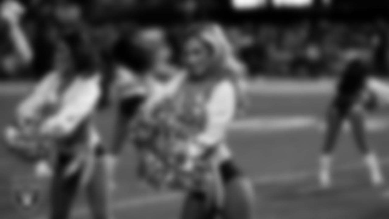 Raiderette Taylor during player introductions before the regular season home game against the Dallas Cowboys at Allegiant Stadium.