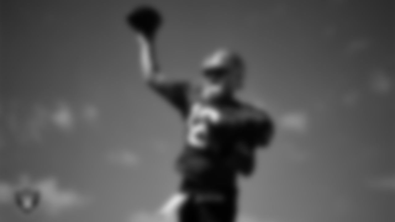 Las Vegas Raiders quarterback Aidan O'Connell (12) on the field for practice at 2025 Training Camp at Intermountain Health Performance Center.