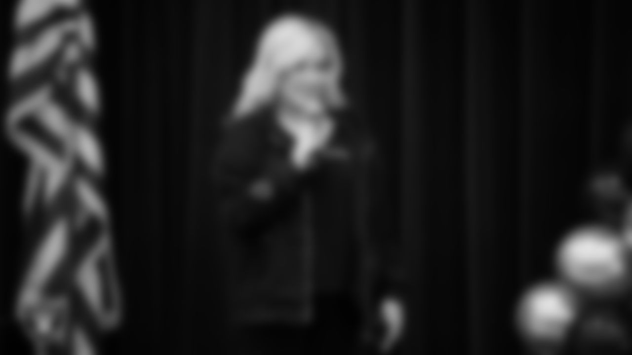 Raiderettes coordinator Marnie Capurro speaks to students during a Raiders Spirit Day at Richard H. Bryan Elementary School.