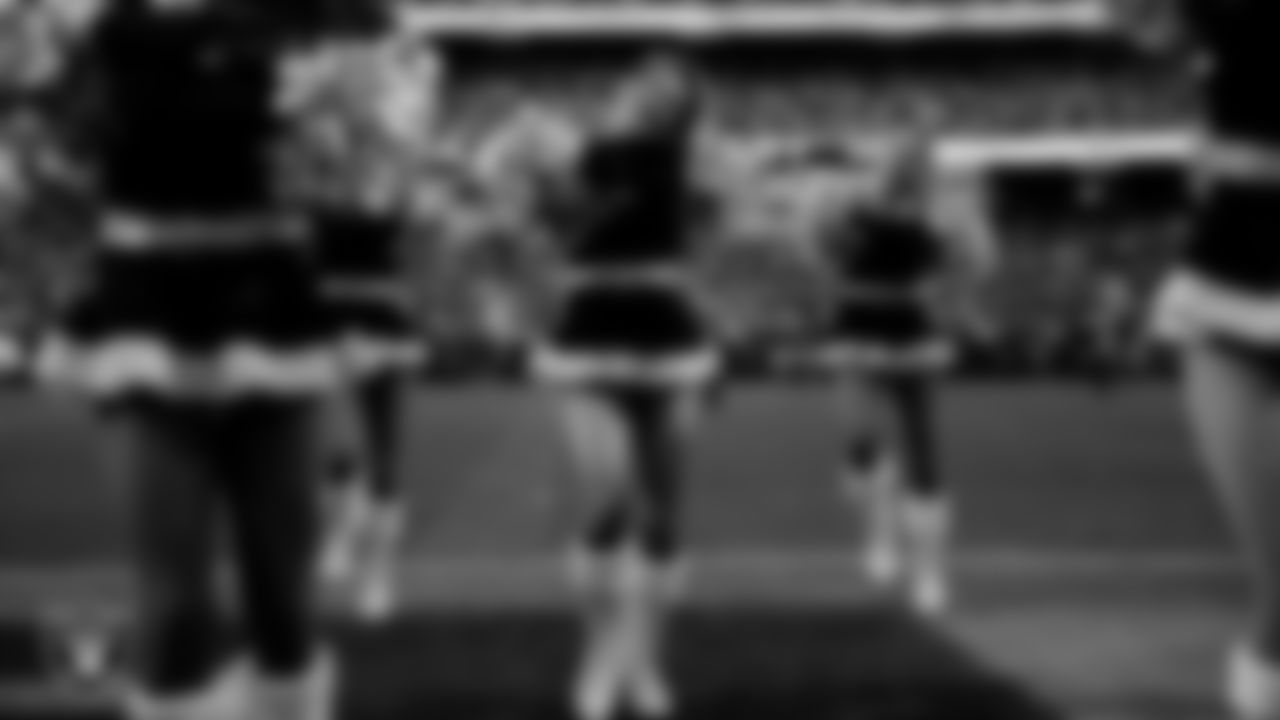 Raiderette Jenna performs on the field during the regular season home game against the New York Giants at Allegiant Stadium.