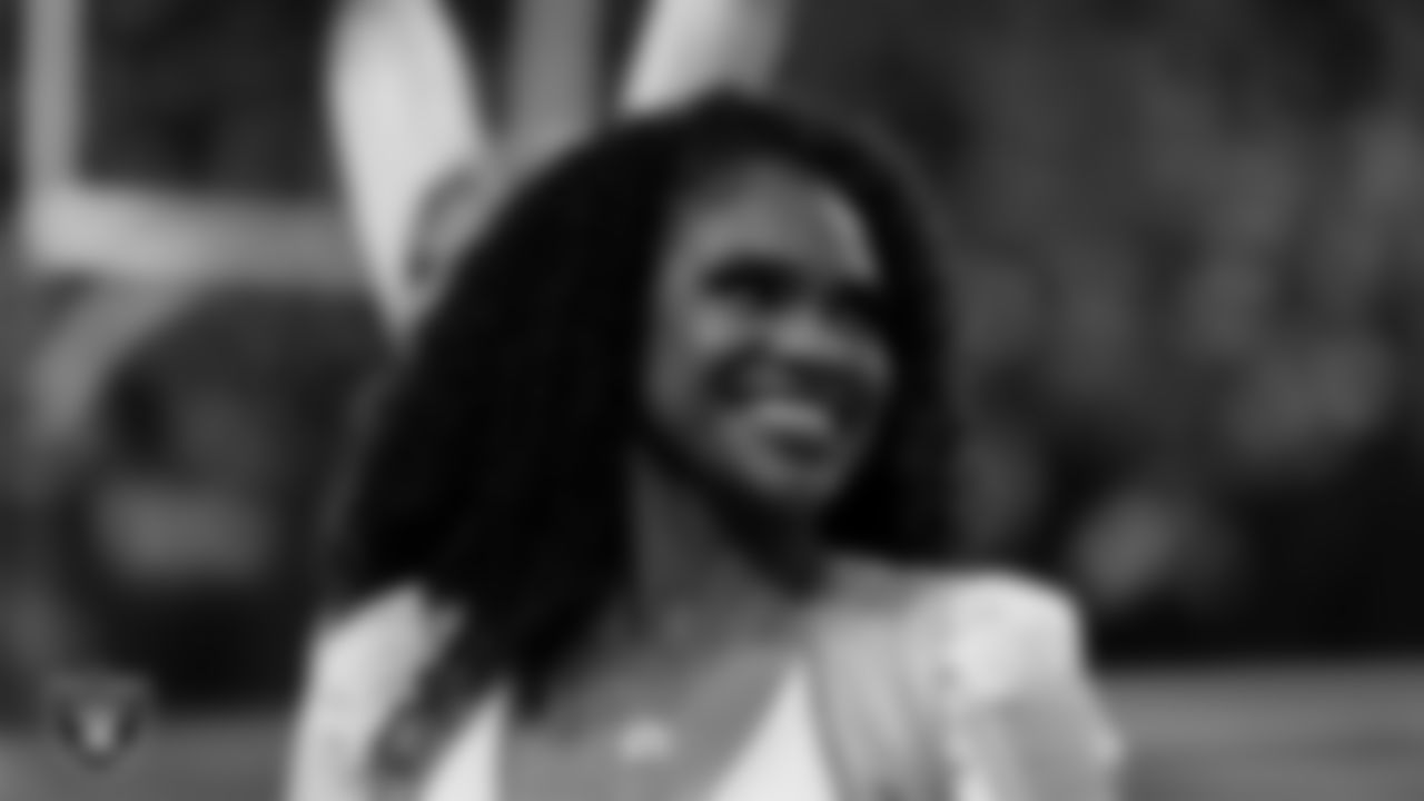 Raiderette Shayla on the sidelines during the regular season home game against the Denver Broncos at Allegiant Stadium.