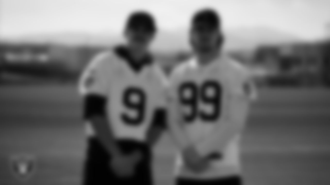 Las Vegas Raiders quarterbacks Aidan O'Connell (12) and Kenny Pickett (15) during practice at Intermountain Health Performance Center.