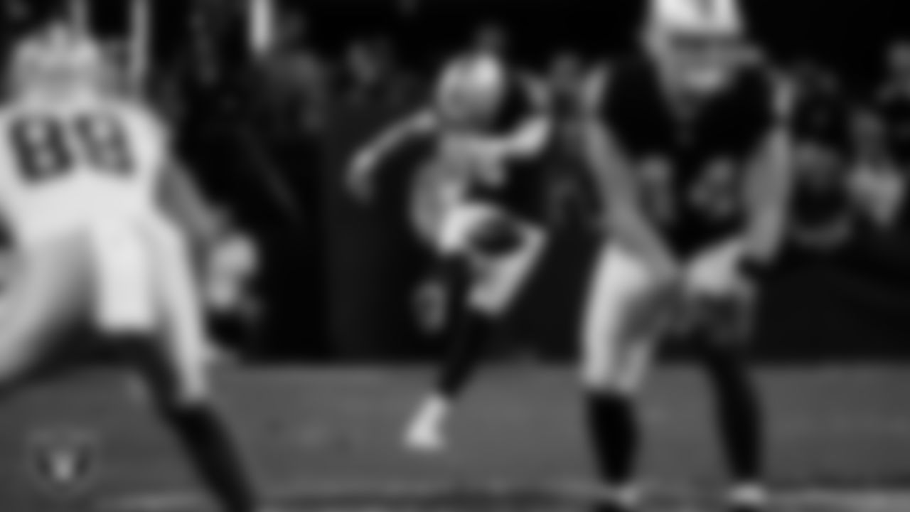 Las Vegas Raiders kicker Daniel Carlson (8) kicks off during the regular season home game against the Dallas Cowboys at Allegiant Stadium.