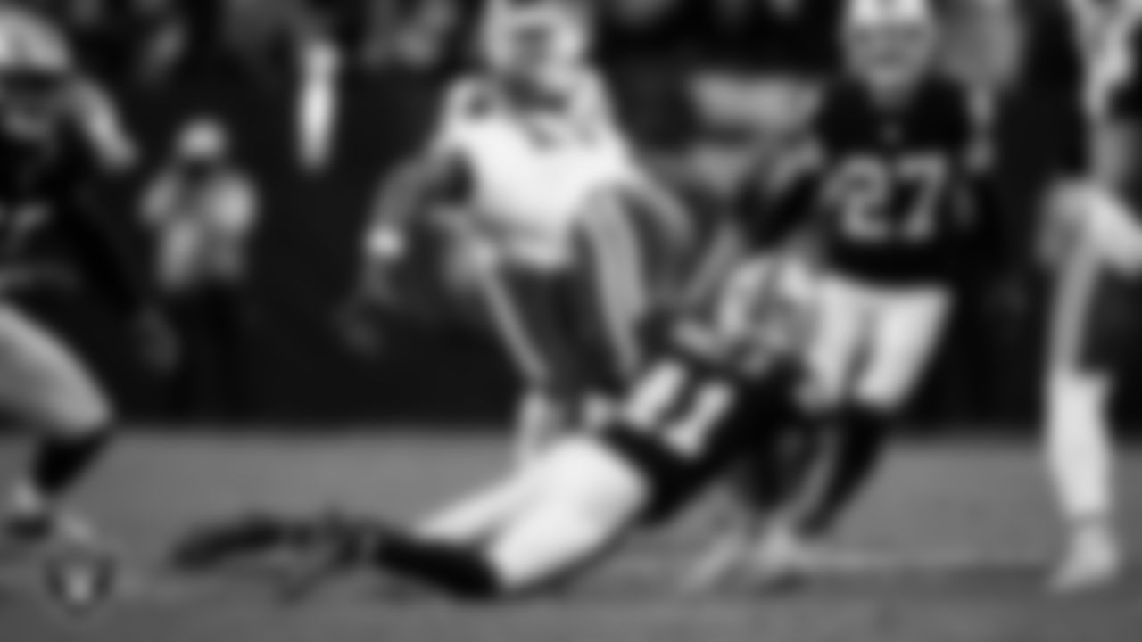 Las Vegas Raiders cornerback Greedy Vance (41) makes a tackle during the regular season home game against the Kansas City Chiefs at Allegiant Stadium.