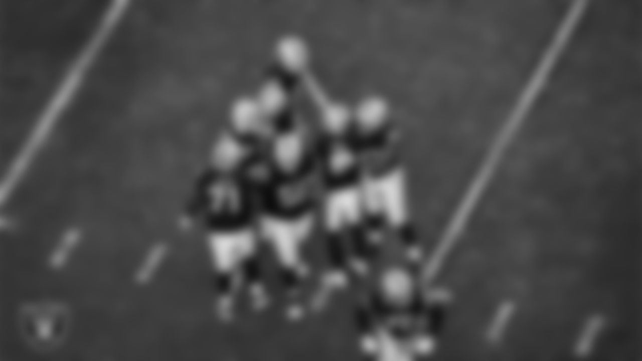 Las Vegas Raiders kicker Daniel Carlson (8) celebrates with teammates after kicking a 32-yard field goal during the regular season home game against the Kansas City Chiefs at Allegiant Stadium.