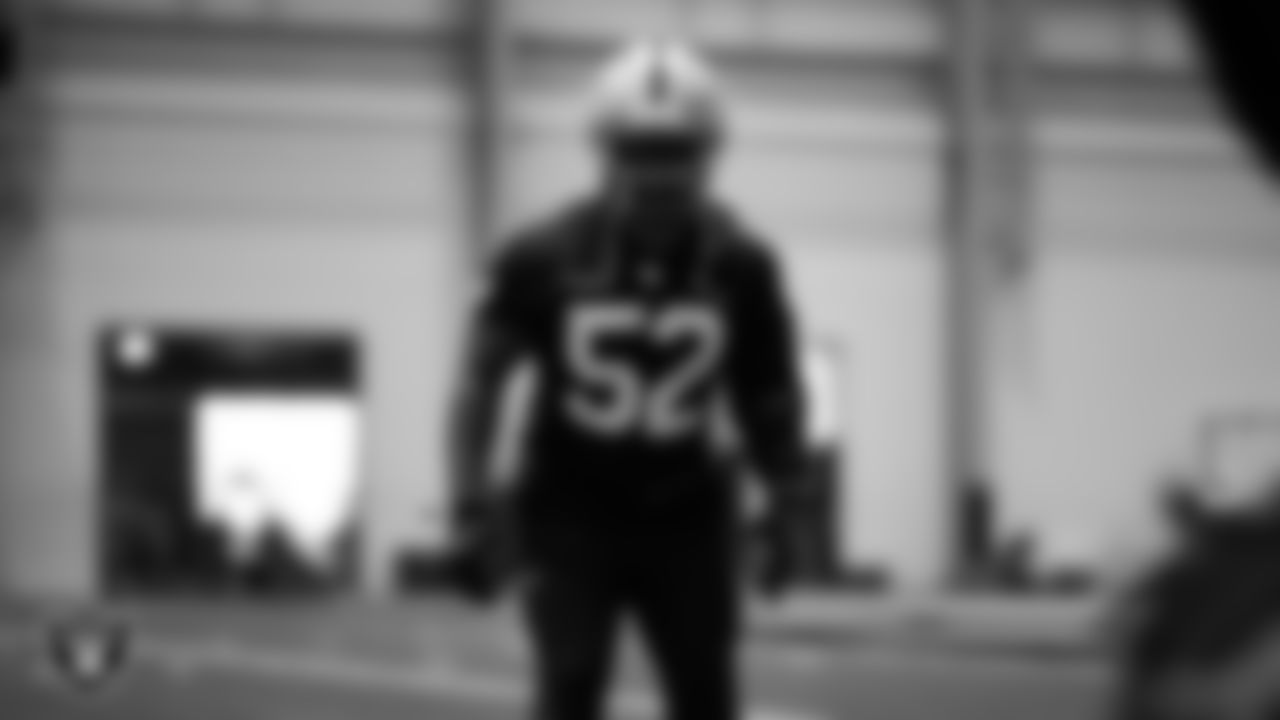 Las Vegas Raiders linebacker Elandon Roberts (52) during practice at Intermountain Health Performance Center.