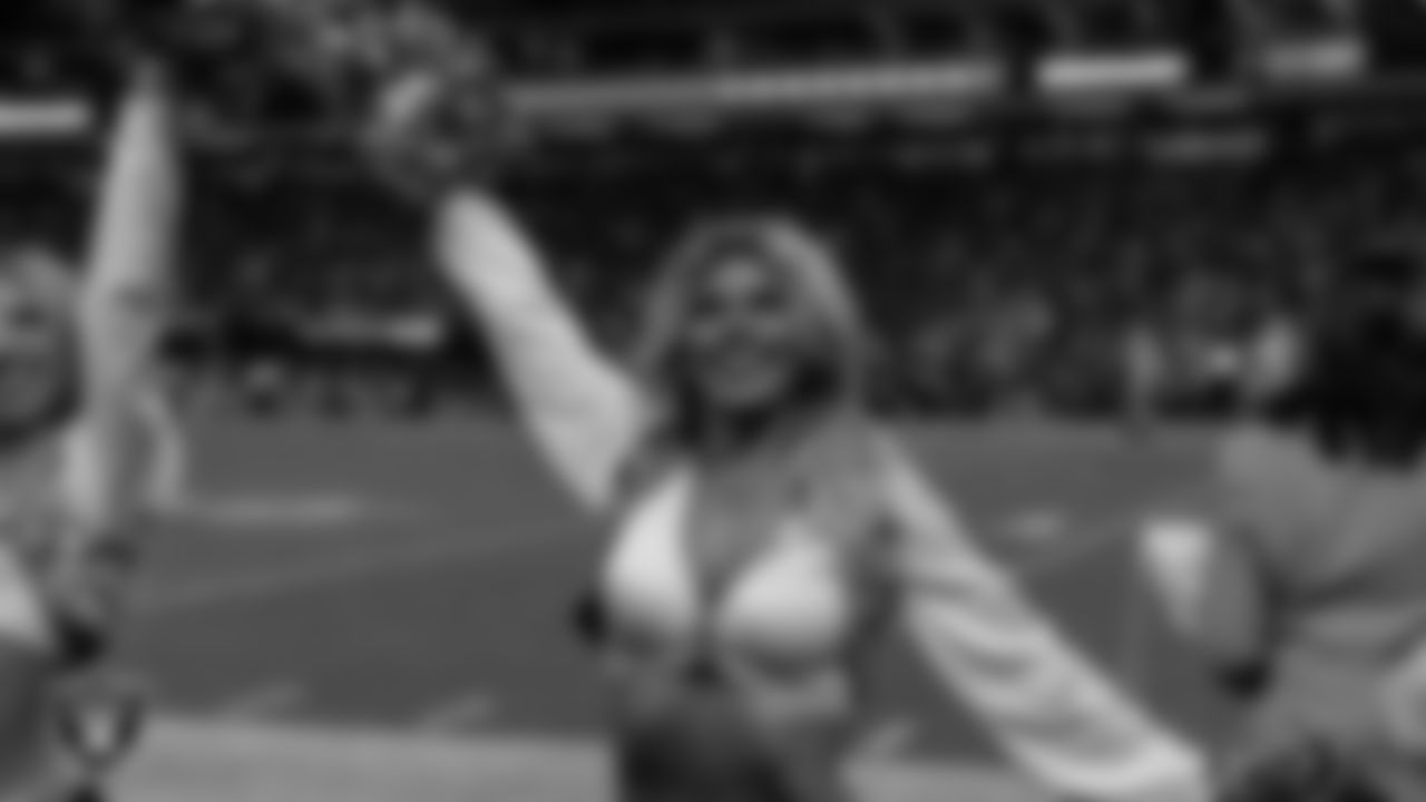 Raiderette Isabella on the sidelines during the regular season home game against the Dallas Cowboys at Allegiant Stadium.
