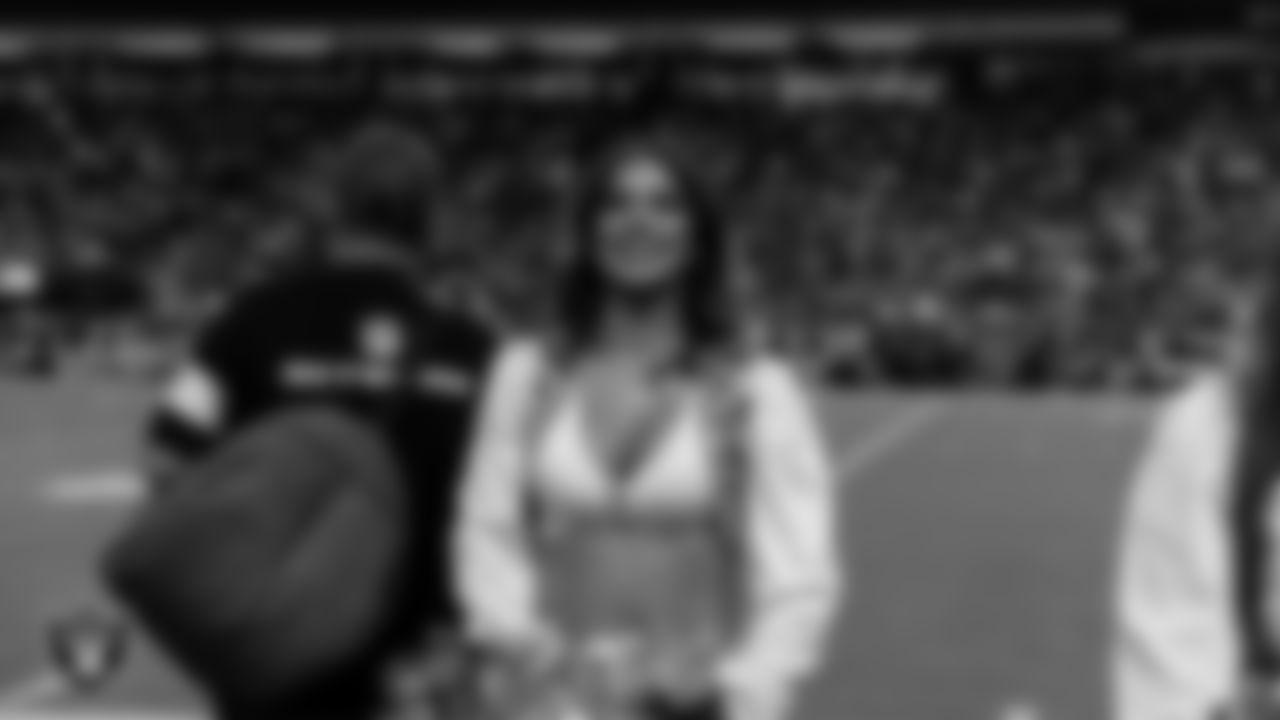 Raiderette Reagan on the sidelines during the regular season home game against the Dallas Cowboys at Allegiant Stadium.