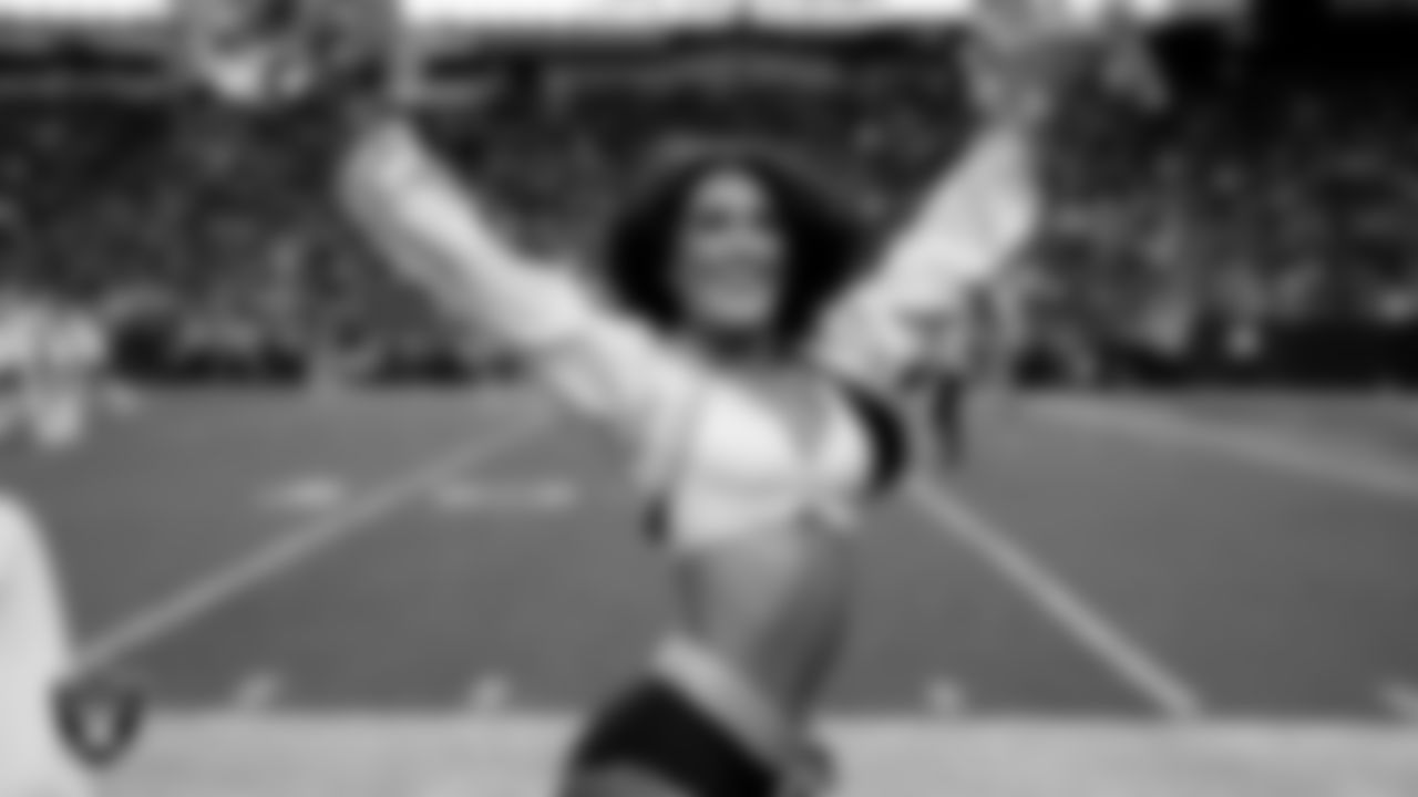Raiderette Macy on the sidelines during the regular season home game against the Kansas City Chiefs at Allegiant Stadium.