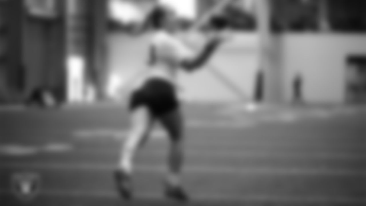 An athlete goes through a drill during the Las Vegas Raiders INSPIRE event at Intermountain Health Performance Center.
