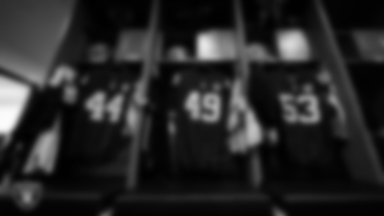 Las Vegas Raiders defensive end K'Lavon Chaisson (44), defensive end Charles Snowden (49) and linebacker Amari Gainer's (53) lockers in the locker room prior to the Las Vegas Raiders' arrival for their regular season away game against the Miami Dolphins at Hard Rock Stadium.