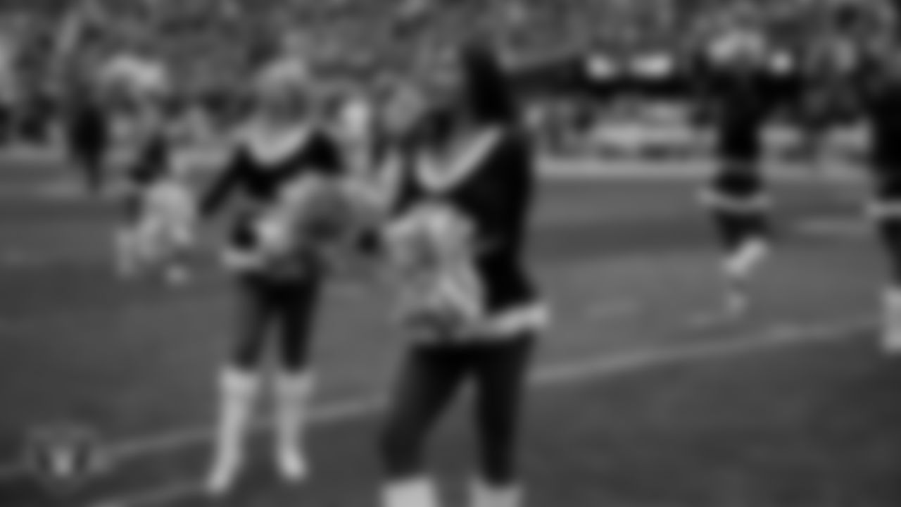 Raiderette Meekela during player introductions before the regular season home game against the New York Giants at Allegiant Stadium.