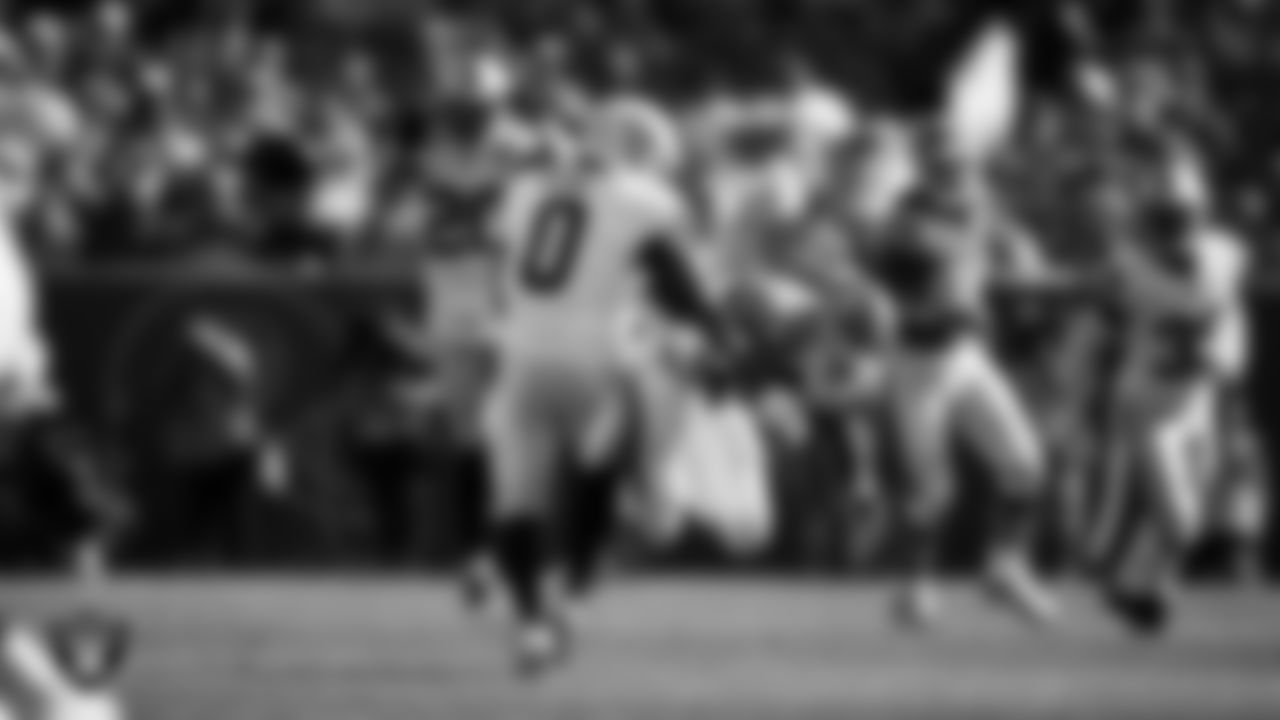 Las Vegas Raiders cornerback Jakorian Bennett (0) breaks up a pass during the regular season away game against the Denver Broncos at Empower Field at Mile High, Sunday, October 6, 2024, in Denver, Colo.