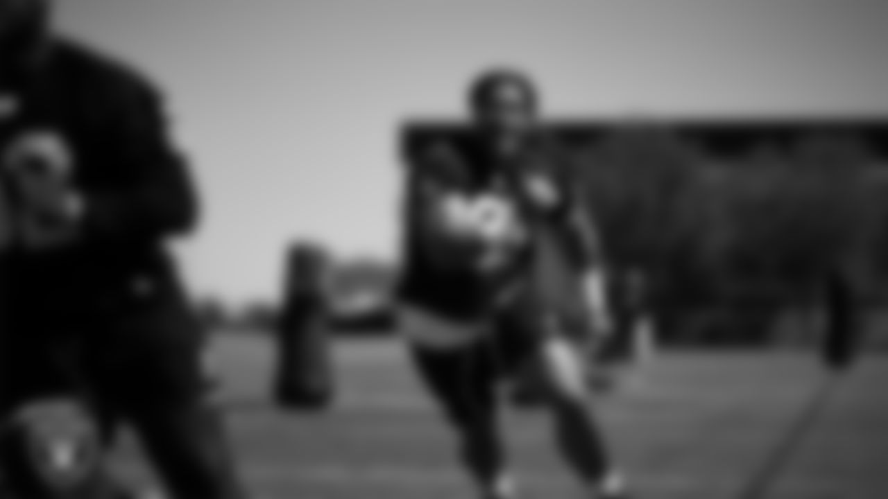 Las Vegas Raiders defensive tackle Leki Fotu (95) at a workout during phase two of the offseason program at Intermountain Health Performance Center.