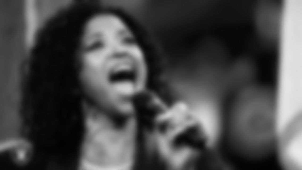 Actress and singer Renee Elise Goldsberry performs the national anthem before the Las Vegas Raiders' regular season home game against the Jacksonville Jaguars at Allegiant Stadium.