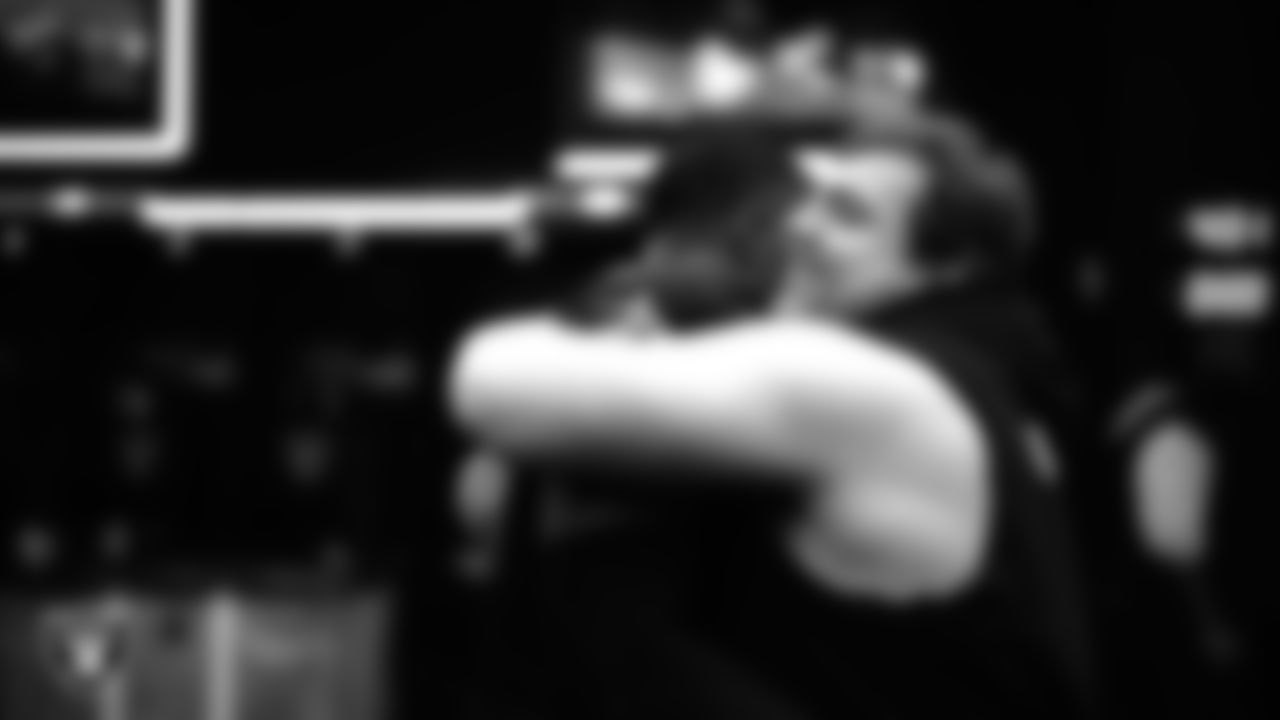 Las Vegas Raiders defensive end Tyree Wilson (9) and guard/center Jackson Powers-Johnson (58) in the locker room after the regular season home game against the Kansas City Chiefs at Allegiant Stadium.