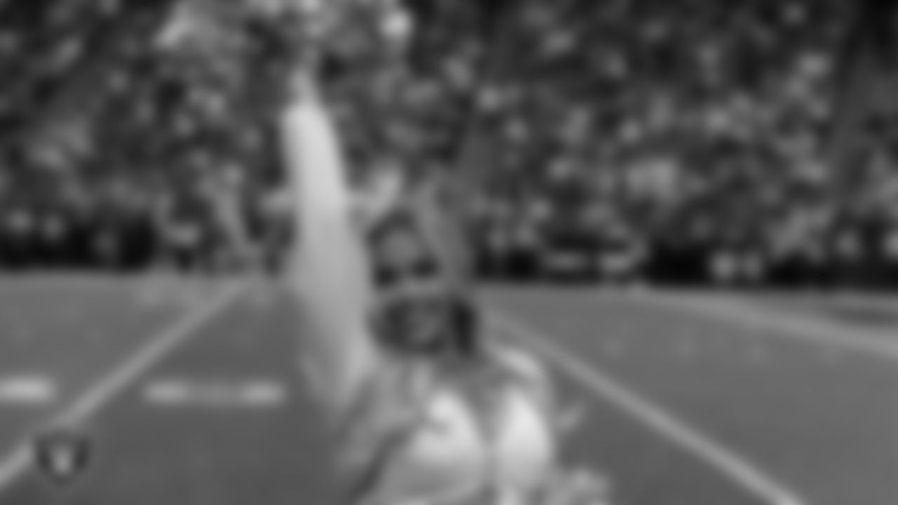 Raiderette Devyn on the sidelines during the regular season home game against the Kansas City Chiefs at Allegiant Stadium.