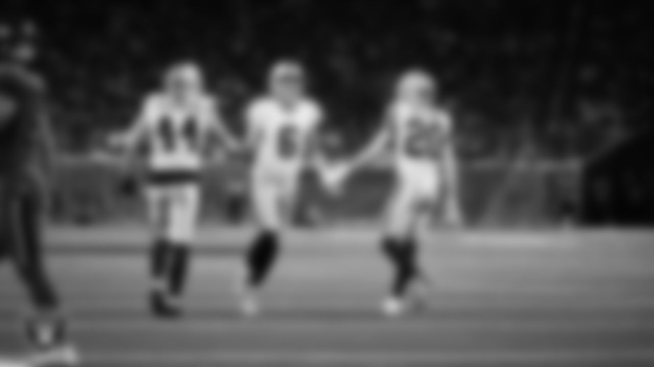 Las Vegas Raiders linebacker Tommy Eichenberg (44), punter AJ Cole (6) and safety Isaiah Pola-Mao (20) high-five on the field during the regular season away game against the Houston Texans at NRG Stadium.