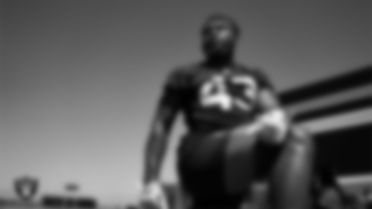 Las Vegas Raiders linebacker Michael Barrett (43) at an Organized Team Activity (OTA) at Intermountain Health Performance Center.