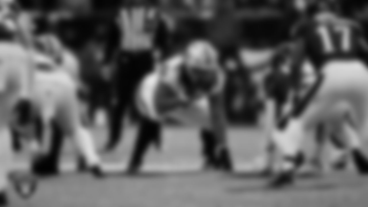 Las Vegas Raiders guard Dylan Parham (66) lines up before the snap during the regular season away game against the Philadelphia Eagles at Lincoln Financial Field.