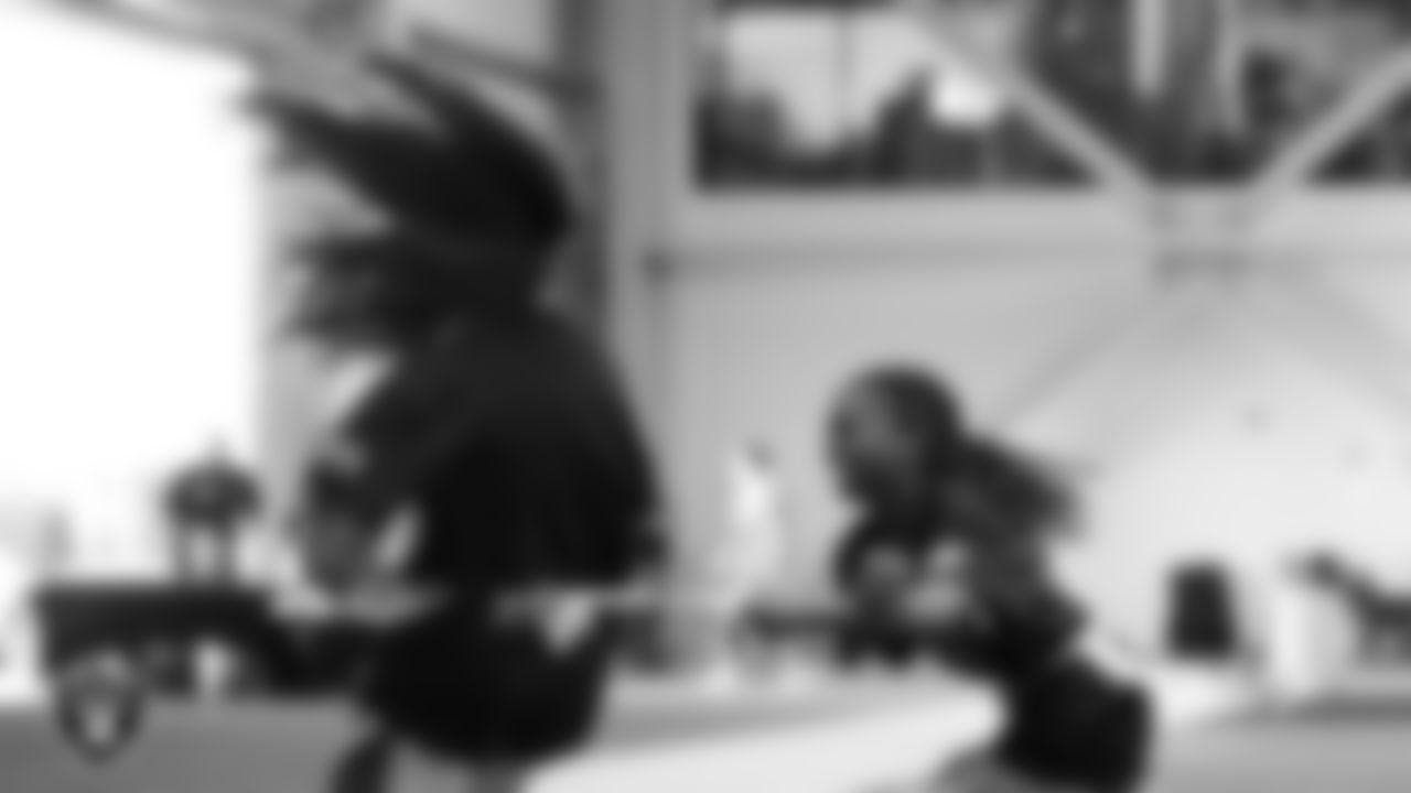 Students go through a drill during a Raiders Junior Training Camp at Intermountain Health Performance Center.