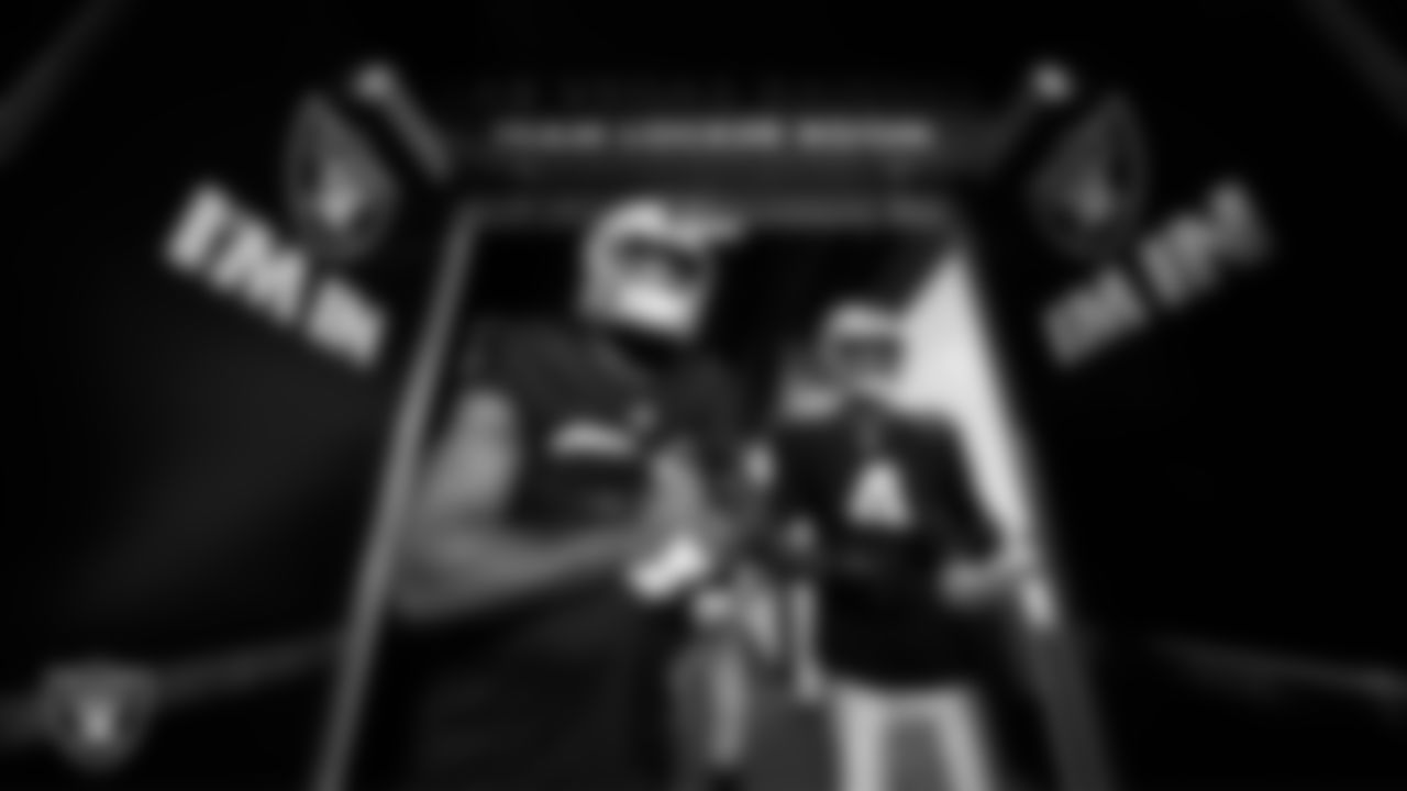 Las Vegas Raiders running back Raheem Mostert (31) and wide receiver Shedrick Jackson (4) exit the locker room before the regular season home game against the Denver Broncos at Allegiant Stadium.