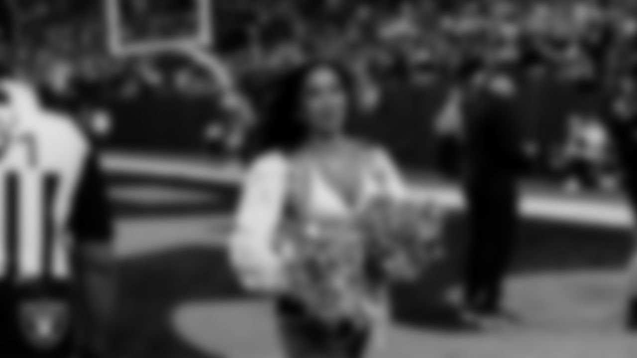 Raiderette Meekela on the sidelines during the regular season home game against the Dallas Cowboys at Allegiant Stadium.