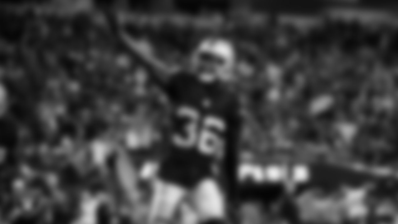 Las Vegas Raiders cornerback Kyu Blu Kelly (36) celebrates after making a tackle during the regular season home game against the Los Angeles Chargers at Allegiant Stadium.