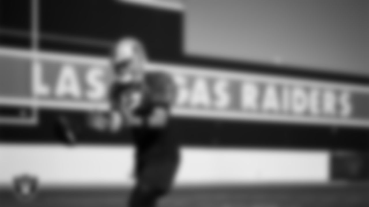 Las Vegas Raiders quarterback Aidan O'Connell (12) during practice at Intermountain Health Performance Center.