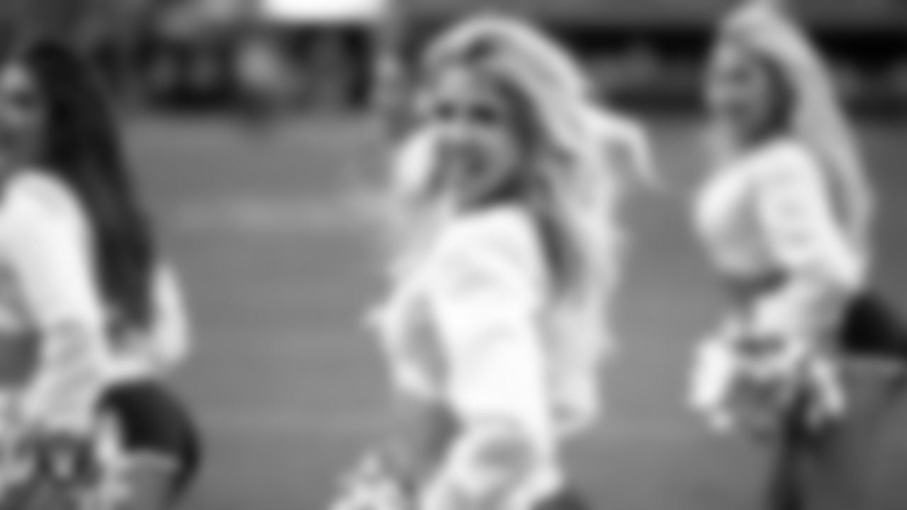 Raiderette Jordie performs on the field during the preseason home game against the San Francisco 49ers at Allegiant Stadium.