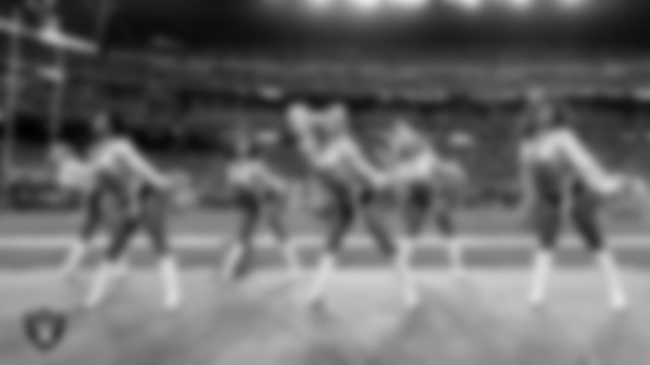 Line 3 of the Raiderettes performs on the sidelines during the regular season home game against the Denver Broncos at Allegiant Stadium.