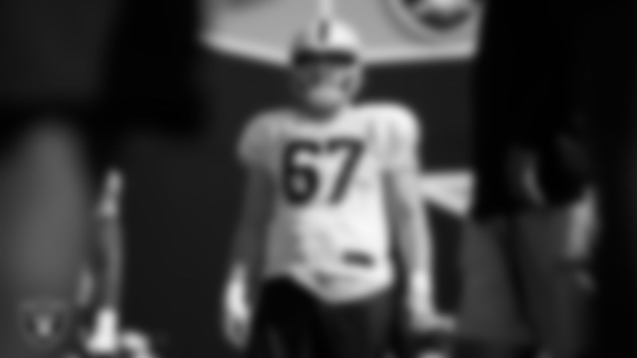 Las Vegas Raiders center Will Putnam (67) on the field for practice at 2025 Training Camp at Intermountain Health Performance Center.