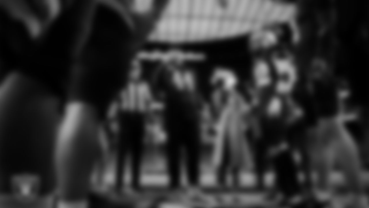 Las Vegas Raiders linebacker Tommy Eichenberg (44) during the coin toss before the NIAA 5A Division State Championship game between Spanish Springs High School and Faith Lutheran High School at Allegiant Stadium.