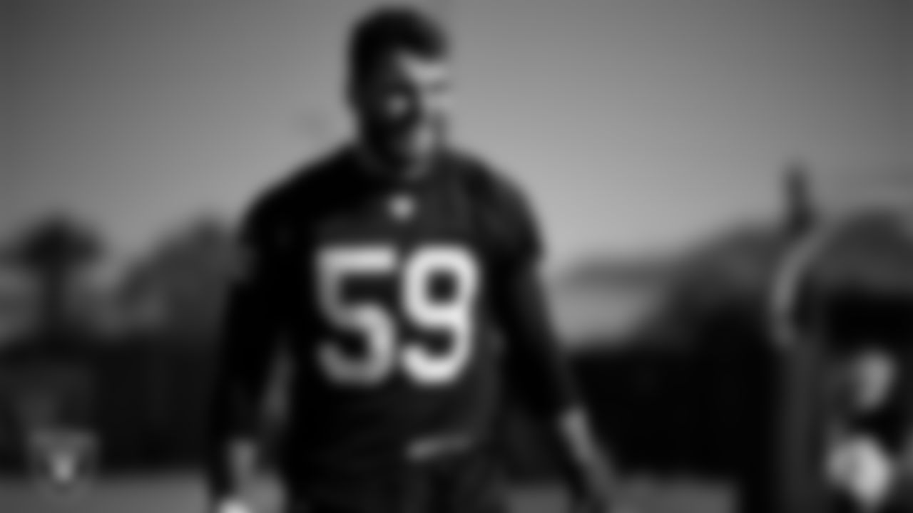 Las Vegas Raiders linebacker Jon Rhattigan (59) during practice at Intermountain Health Performance Center.