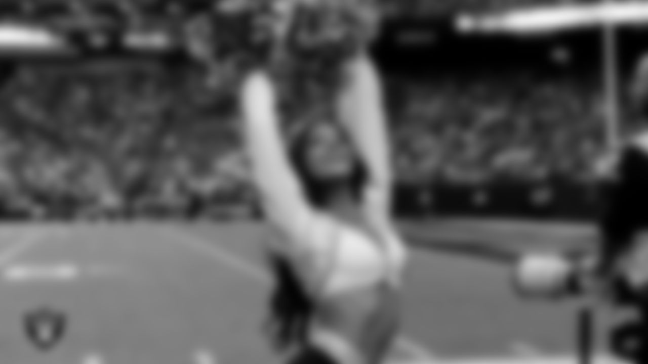 Raiderette Ashtin performs on the sidelines during the regular season home game against the Cleveland Browns at Allegiant Stadium.
