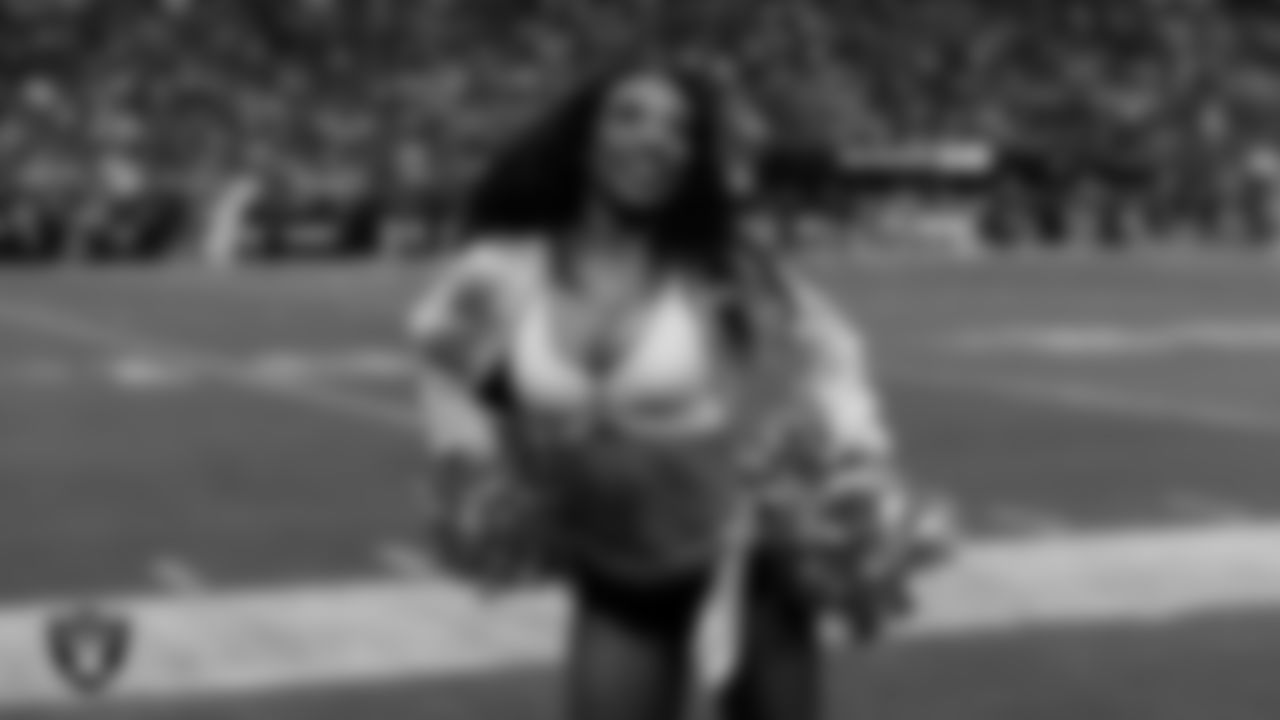 Raiderette Bria on the sidelines during the regular season home game against the Jacksonville Jaguars at Allegiant Stadium.
