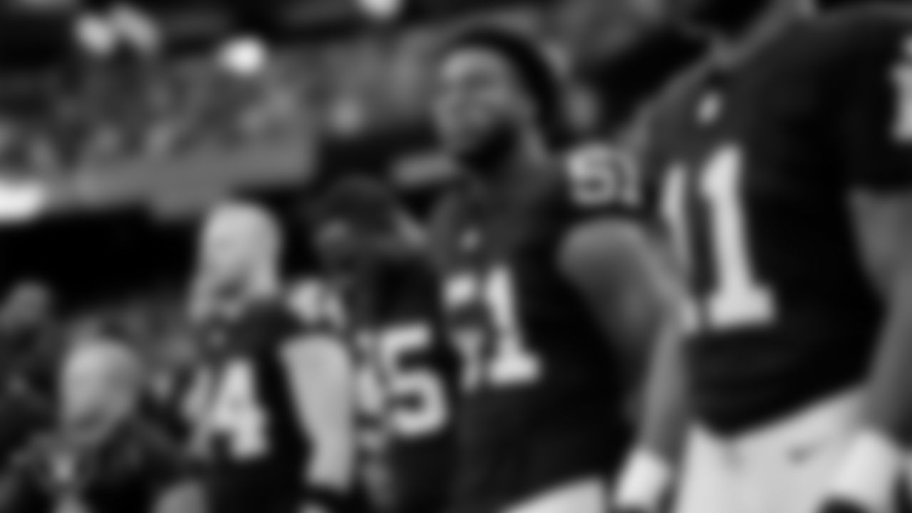 Las Vegas Raiders defensive end Malcolm Koonce (51) during the national anthem before the regular season home game against the Tennessee Titans at Allegiant Stadium.