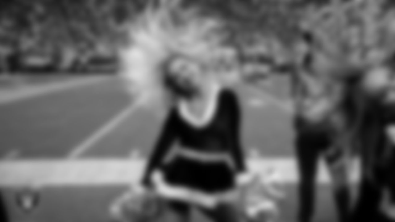 Raiderette Delaney performs on the sidelines during the regular season home game against the New York Giants at Allegiant Stadium.