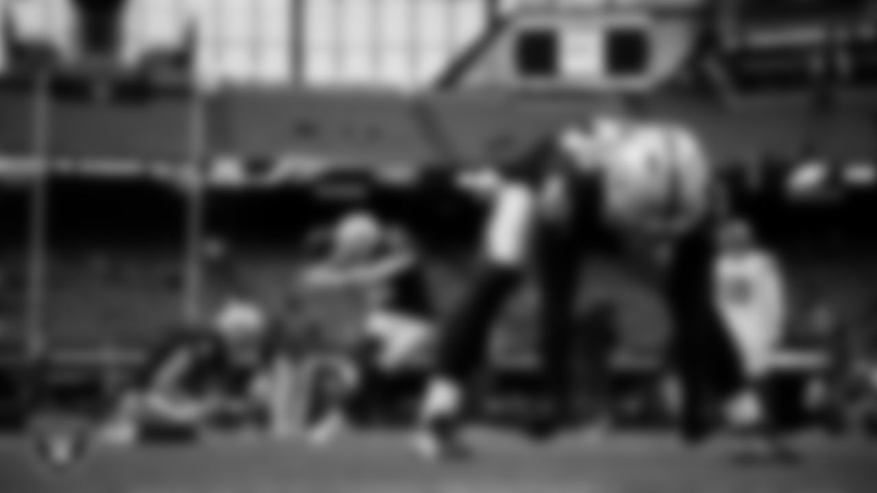 The Las Vegas Raiders special teams unit warming up before the regular season home game against the New York Giants at Allegiant Stadium.