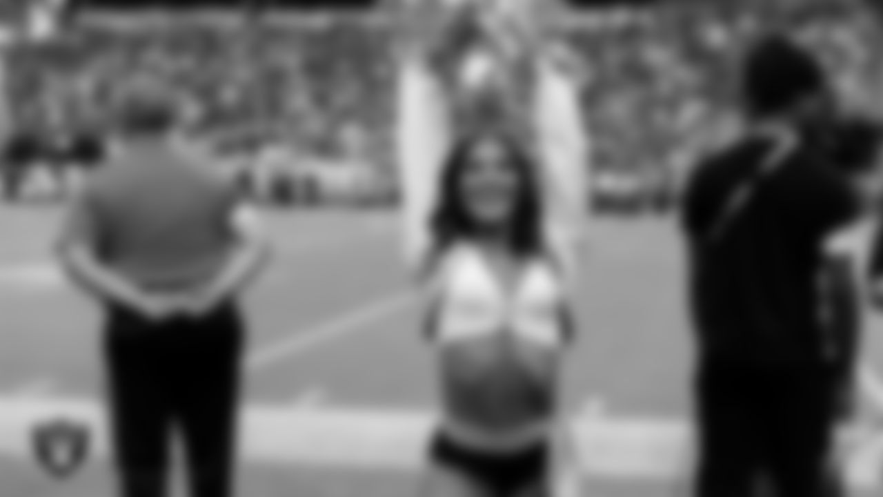 Raiderette Amanda on the sidelines during the preseason home game against the San Francisco 49ers at Allegiant Stadium.