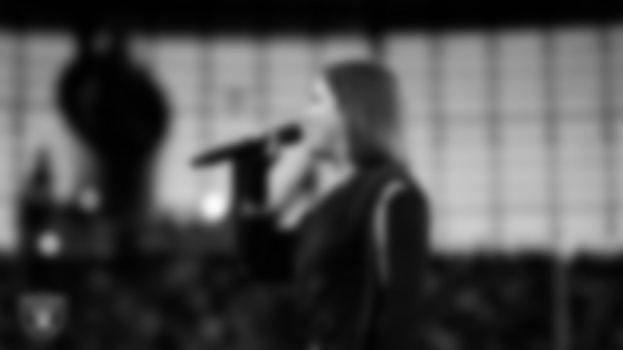 Singer Cassadee Pope performs the national anthem before the Las Vegas Raiders' regular season home game against the Cleveland Browns at Allegiant Stadium.